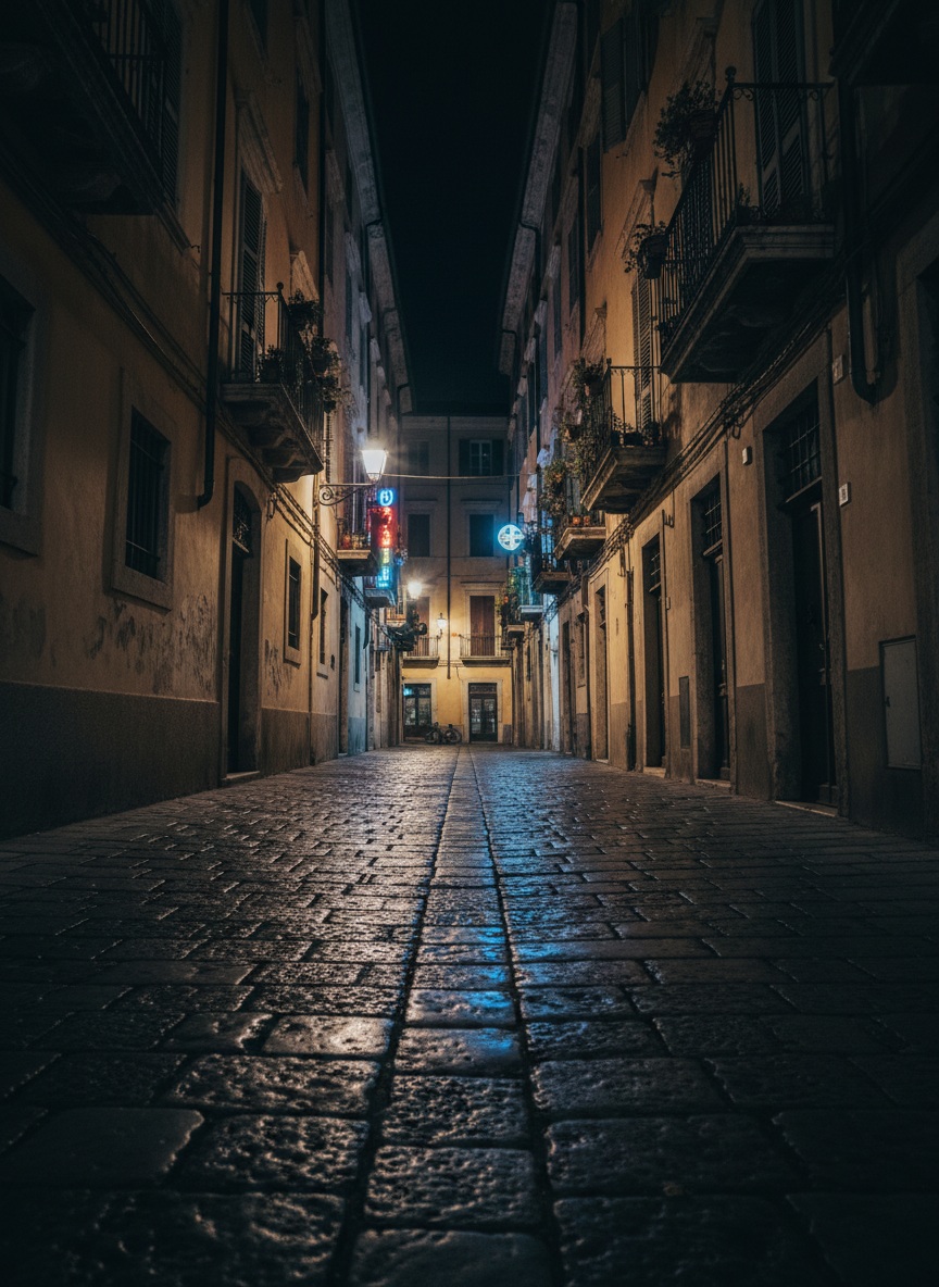An empty cobblestone alleyway in an old European city, captured at night in a cinematic, photographic style. Wet stones shimmer with reflections from neon signs and dim street lamps mounted on aged stucco facades. Iron balconies and shuttered windows lean inward, creating a tunnel-like perspective that draws the eye toward a softly glowing vanishing point. The scene is devoid of people, only traces of life remain in scattered reflections and a single bicycle’s silhouette in the distance. Moody, high-contrast lighting with deep shadows and glowing highlights evokes classic street photography. Composed with strong leading lines and a low-angle perspective, the atmosphere is introspective, mysterious, and elegantly urban.