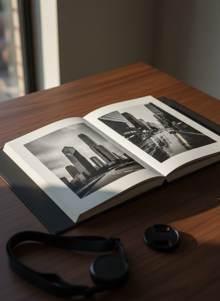A sleek, open photography portfolio book lying on a dark walnut table near a tall window in a minimalist studio. The pages reveal moody black-and-white cityscapes and bold architectural lines printed on thick matte paper with a soft, velvety texture. Outside the frame, a blurred camera strap and lens cap rest casually, hinting at recent work. Late afternoon natural light streams in at an angle, creating refined highlights on the page edges and subtle shadows across the wood grain. Shot from a slightly elevated angle in photographic realism, with a calm, sophisticated atmosphere and a precise, clean composition that emphasizes the tactile quality of the printed images.