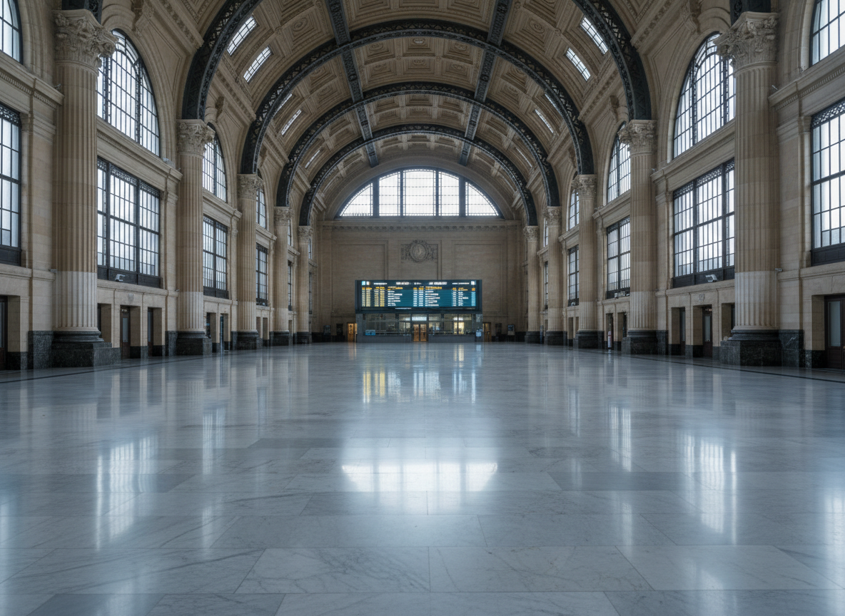 A dramatic interior view of a grand train station hall, completely empty, photographed in high, cinematic realism. towering arched windows filter in pale morning light that spills across polished stone floors, revealing intricate reflections of iron beams and classical moldings. Massive columns create rhythmic verticals, while a distant departure board glows softly in cool blue tones, slightly out of focus. The composition is symmetrical, framed from a slightly elevated central viewpoint to emphasize the architectural scale and depth. The mood is contemplative and quietly monumental, blending architectural photography with a street sensibility that focuses on the space as a silent witness to countless unseen stories, without a single person in sight.