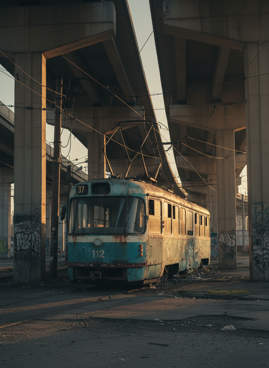 An abandoned tram stopped beneath an elevated overpass in a quiet industrial district at golden hour. The tram’s paint is faded teal, chipped to reveal layers of rust and metal beneath, with illuminated route numbers still glowing faintly in warm amber. Surrounding it, concrete pillars and tangled overhead cables frame the scene, their long shadows stretching across gravel and cracked asphalt. Sunlight filters in at a low angle, carving out sharp highlights along the tram’s edges and reflecting softly in its dusty windows. Photographic realism with a cinematic, slightly desaturated color palette. Composed with a three-quarter view and leading lines, the atmosphere is nostalgic, melancholic, and poetically urban, echoing the soul of street photography without any visible people.