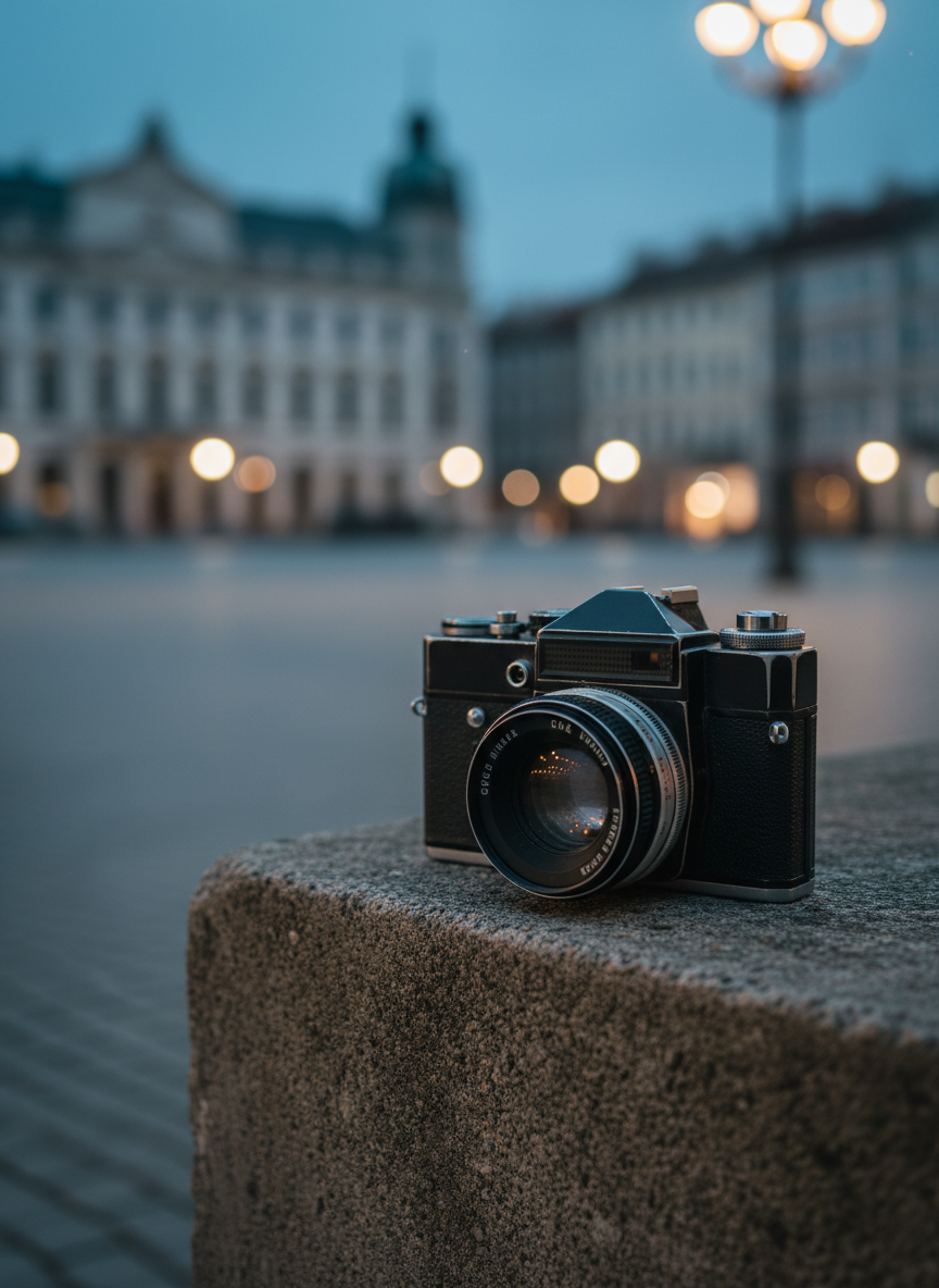 A vintage 35mm film camera resting on a textured concrete ledge at the edge of a city square at blue hour. The camera body is matte black metal with worn silver edges and a slightly scratched lens filter catching glints of light. Around it, blurred architectural forms and streetlights melt into a soft bokeh, suggesting an elegant European piazza. Cool, diffused twilight mixes with warm sodium streetlight, casting subtle reflections on the metal. Photographic realism with a cinematic look, composed at eye level using shallow depth of field, rule of thirds framing. The mood is sophisticated, introspective, and quietly urban, evoking the contemplative beginning of a photographic journey.