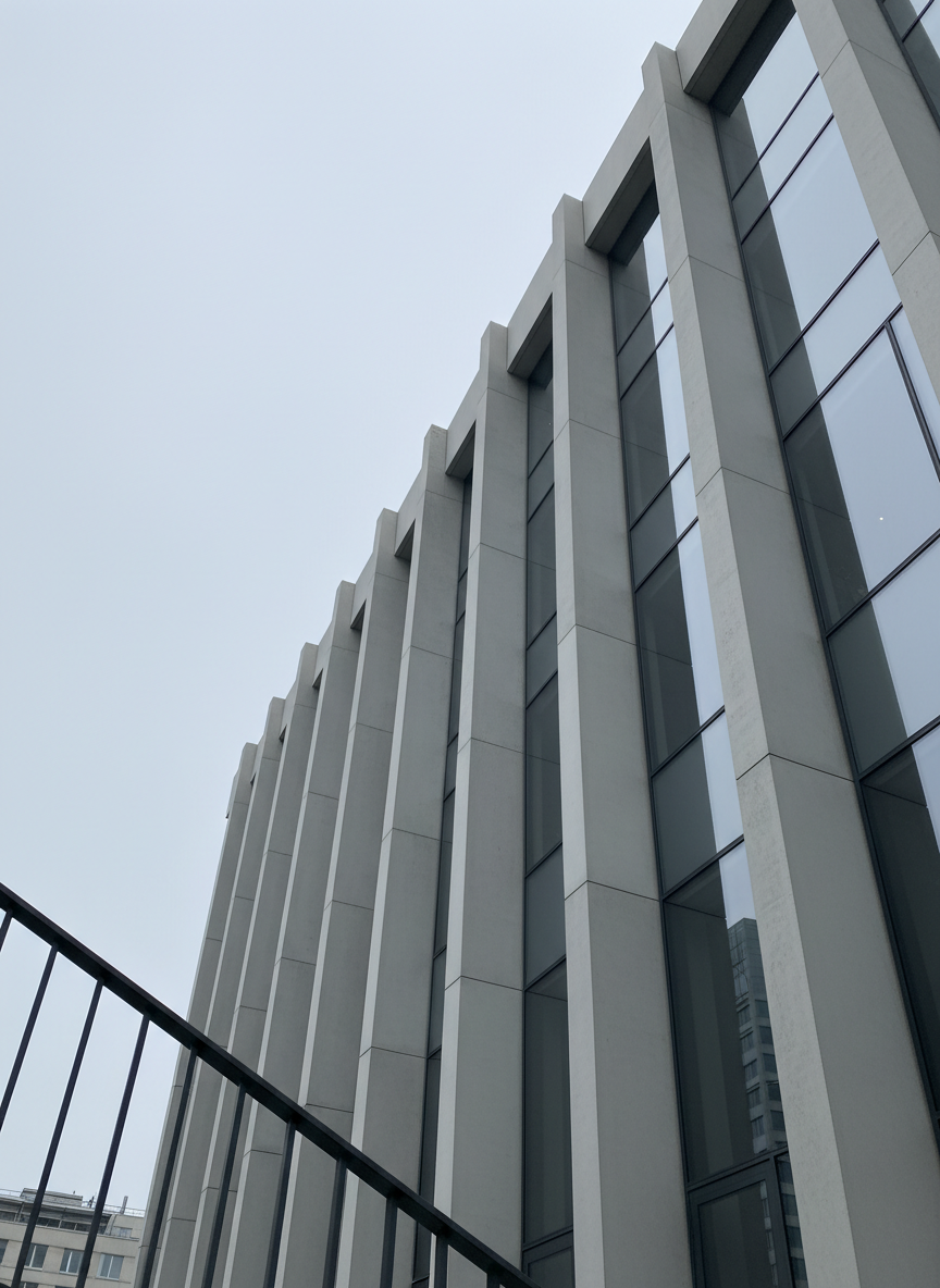 A striking modernist building with clean geometric lines, photographed from a low-angle perspective against a pale, overcast sky. The façade alternates between smooth concrete panels and reflective glass, the latter mirroring fragmented glimpses of the surrounding city. Soft, diffused daylight eliminates harsh shadows, emphasizing the building’s precise edges and subtle textures. In the foreground, a dark metal railing slices diagonally through the frame, adding depth and a graphic element that nods to architectural photography. Photographic realism with a minimalist, sophisticated aesthetic, composed using strong verticals and negative space. The mood is calm yet imposing, celebrating the quiet drama of urban architecture without any human presence.
