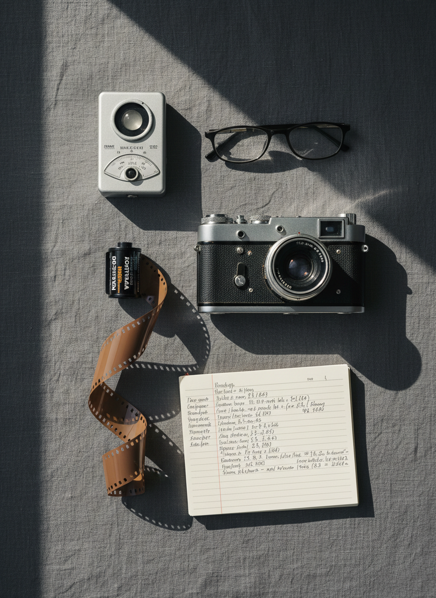 A carefully arranged flat lay of analog photography tools on a charcoal-gray linen surface, captured in meticulous photographic realism. A classic rangefinder camera with a leather-textured body sits beside a half-unrolled roll of 35mm film, its glossy brown strip curling elegantly. Nearby, a small notebook with handwritten exposure notes, a metal light meter, and a pair of minimal black-framed glasses create a refined composition. Soft window light from the left creates gentle gradients across metal and leather, casting delicate shadows that emphasize form. The overall tone is sophisticated and introspective, with a neutral, muted color palette and precise top-down composition, evoking the thoughtful preparation behind every shot.